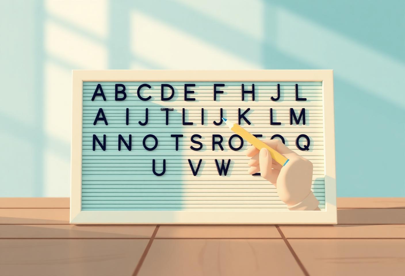 A letterboard with the alphabet and a hand pointing with a pencil